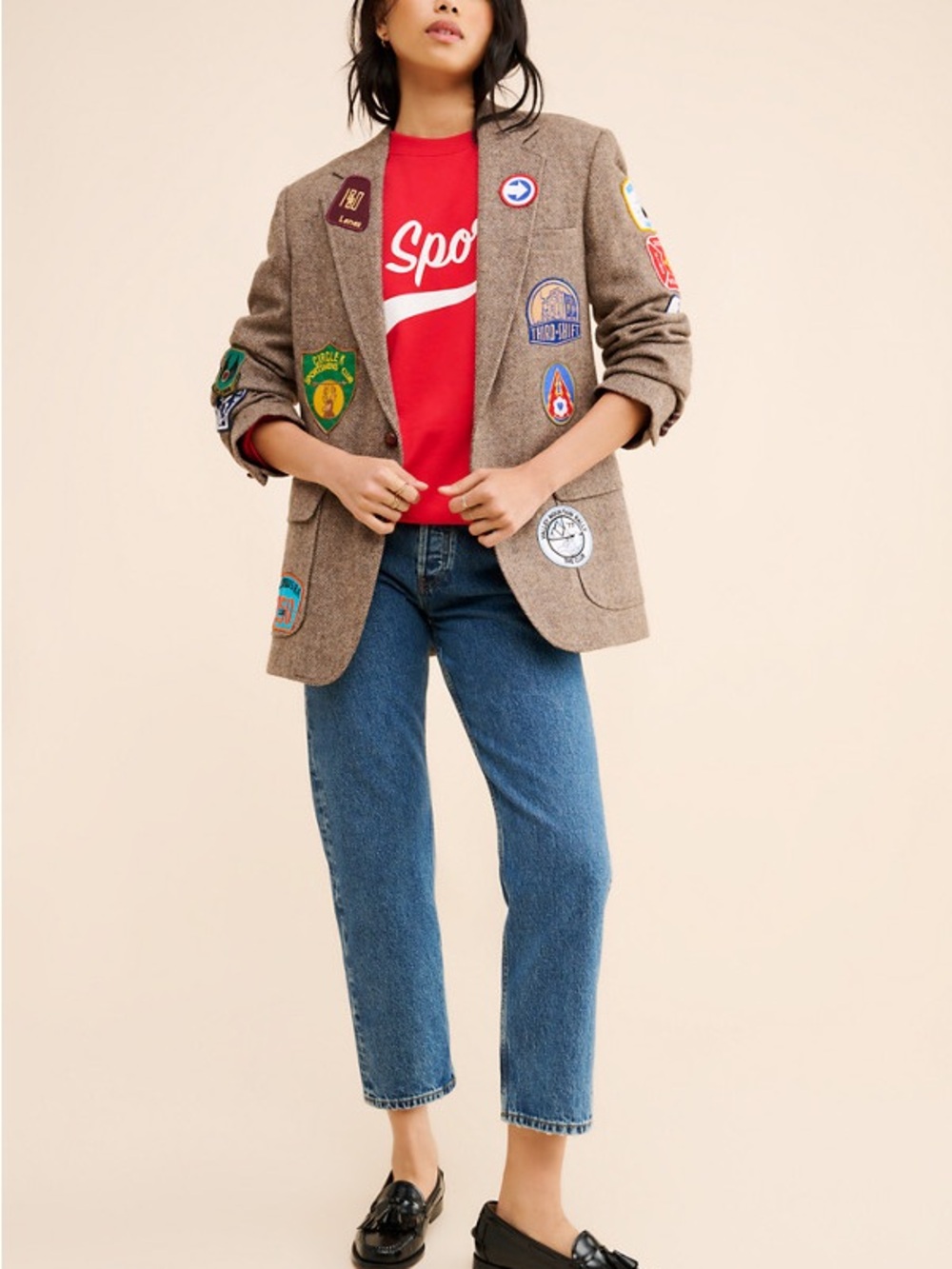 Patchwork Brown Wool-Blend Blazer - Women slight rip in interior of jacket